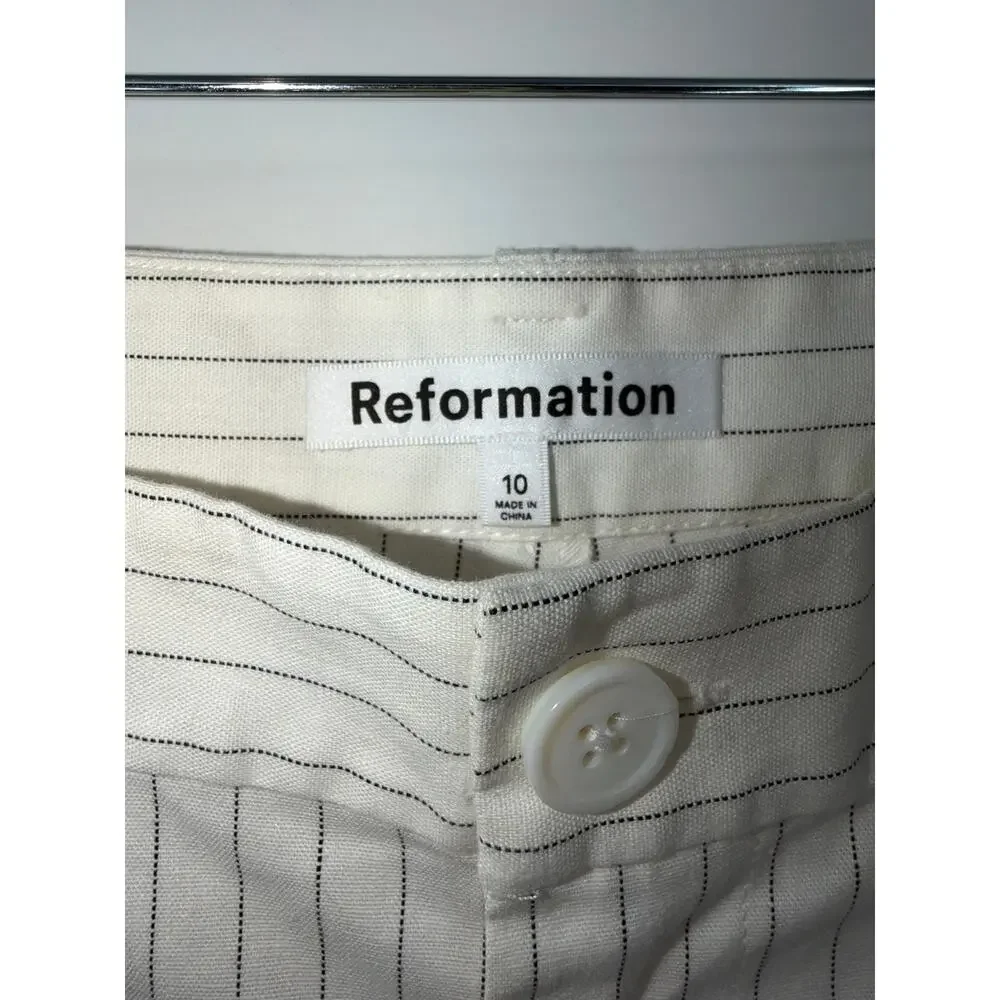 Reformation Oren Pants Size 10 Linen Blend Wide Leg White Stripe Old Money
